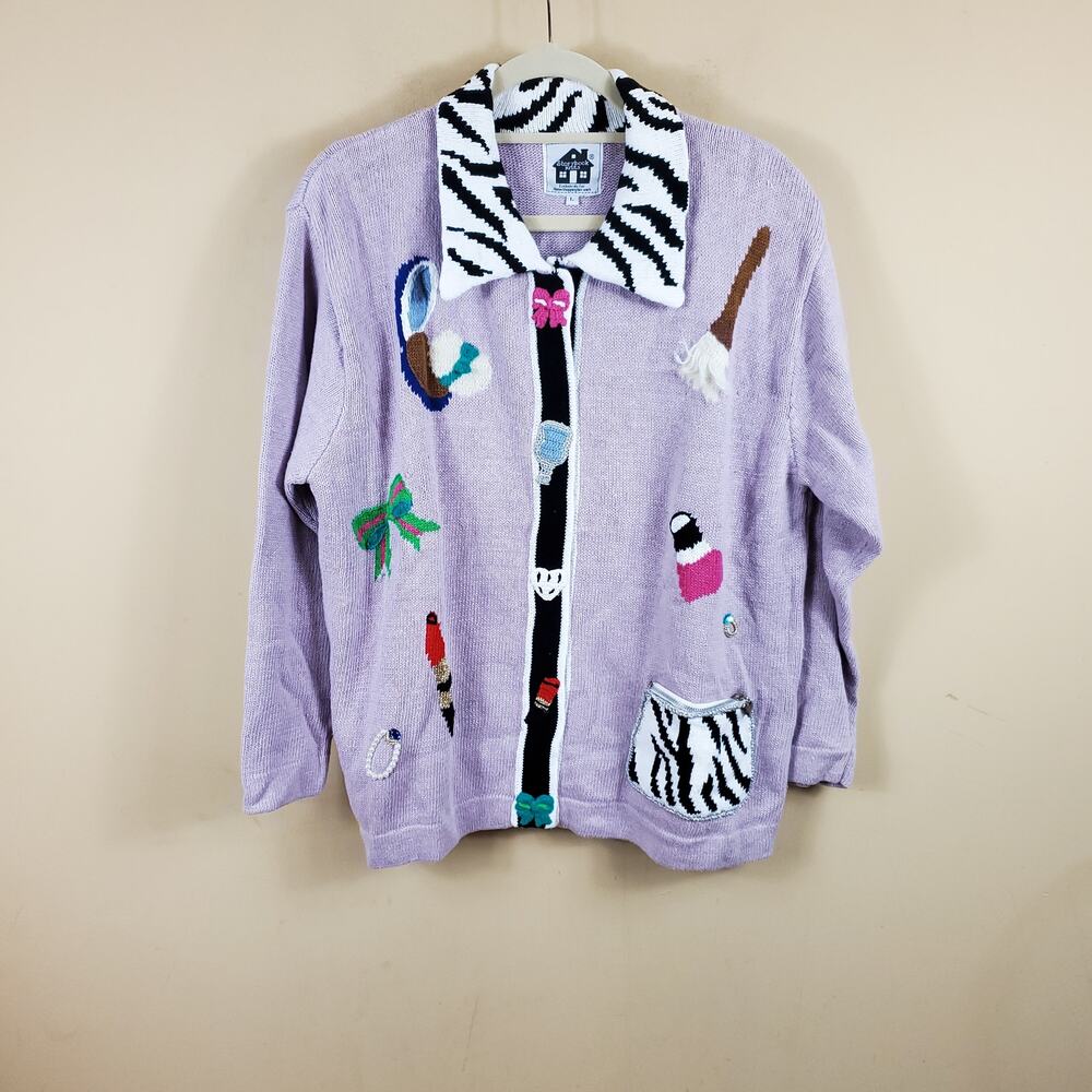 Storybook Knits Purple Button Front Cardigan Lipstick Bow Nail Polish Makeup L